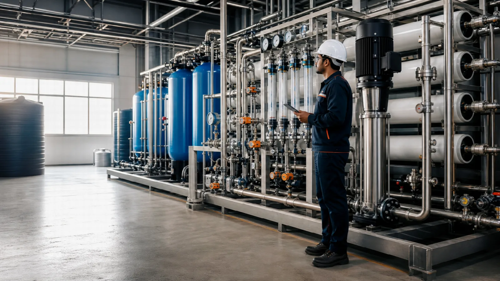 Engineer inspecting an industrial water treatment plant